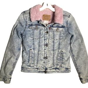 Levis Acid Washed Denim Jean Jacket Pink Sherpa Lining Girls Large 13-14